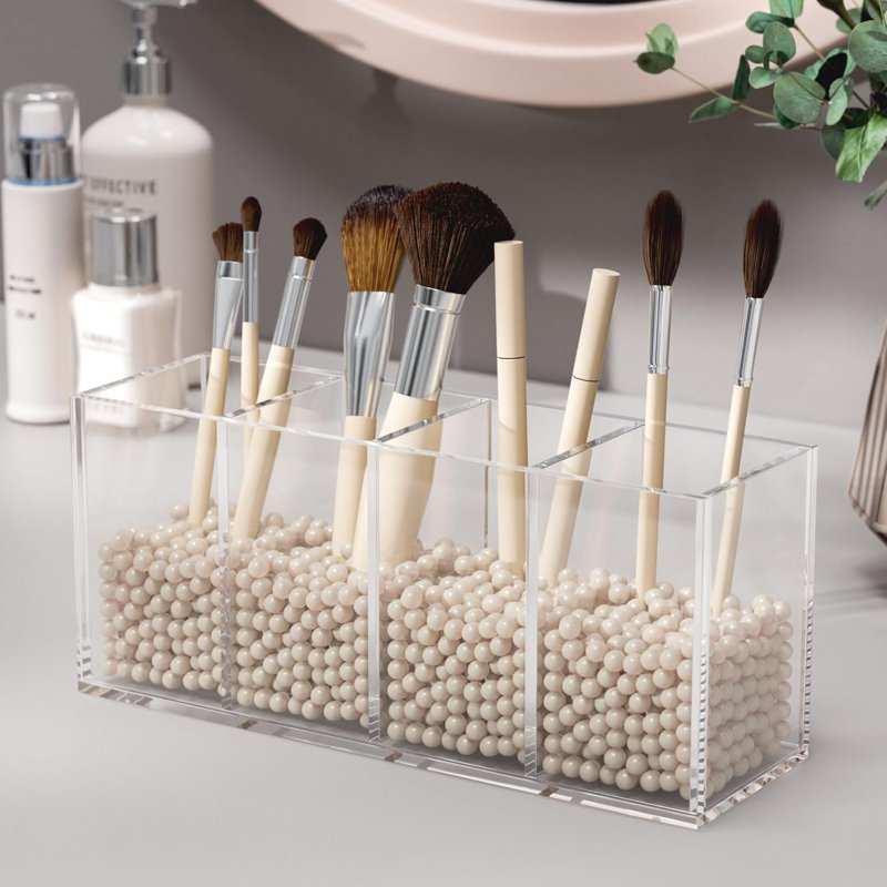 Clear Acrylic Pen Holder with 4 Compartments - Desk Organizer for Office, Makeup & Art Supplies