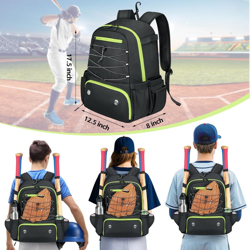 Youth Baseball Backpack with 4 Bats Holder, Shoe Compartment & Fence Hook