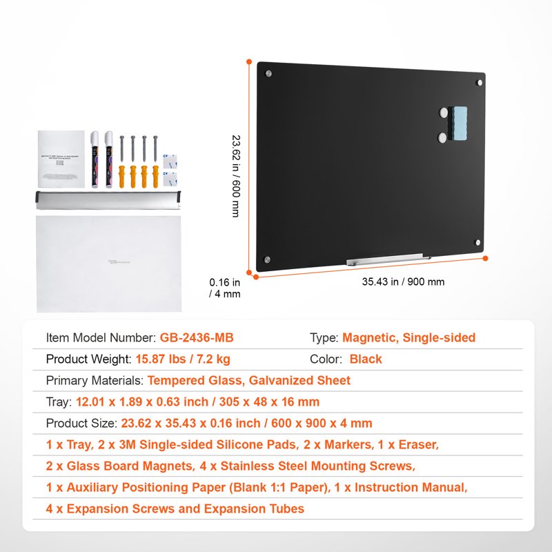 Magnetic Glass Dry Erase Whiteboard 36x24 Wall-Mounted Frameless Office & Home