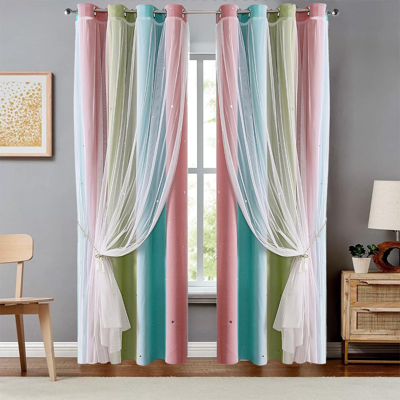 Double-Layer Blackout Rainbow Ombre Glitter Star Window Curtains - 39x51 Inch