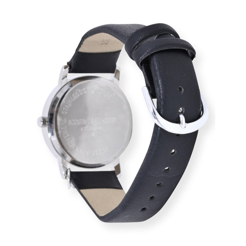 Silver Tone Crystal Accent Watch with Heart Charm and Faux Leather Strap