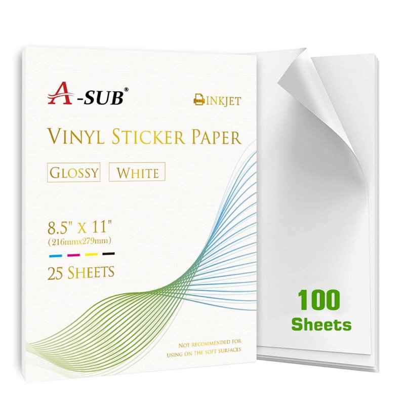 Printable Vinyl Sticker Paper 8.5x11 Waterproof Glossy White 100 Sheets