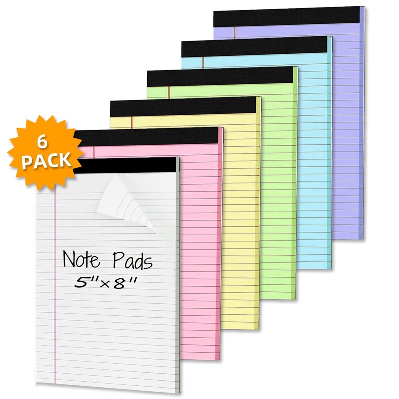 Colorful Legal Pads 6 Pack - 5 x 8 Inch Lined Notepads for Office and School