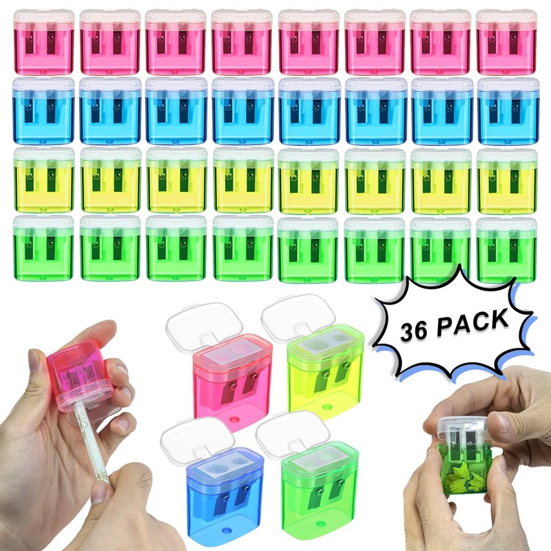 Manual Pencil Sharpener Set with Lid - 36 Assorted Color Dual Hole Sharpeners