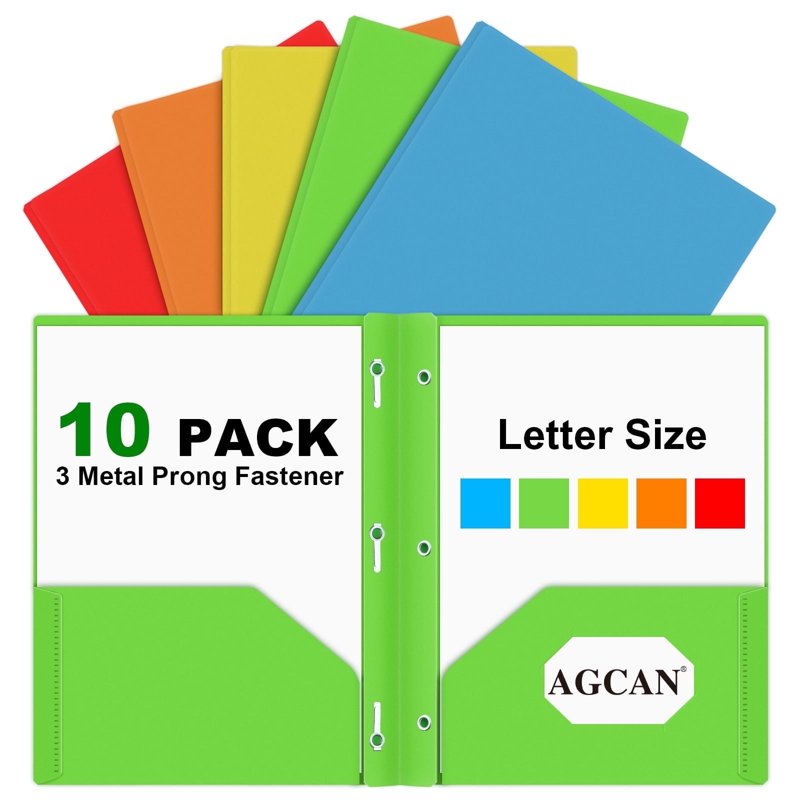 Colorful 10-Pack Plastic Folder with 3 Prongs & Pockets - Office & Classroom Document Holders