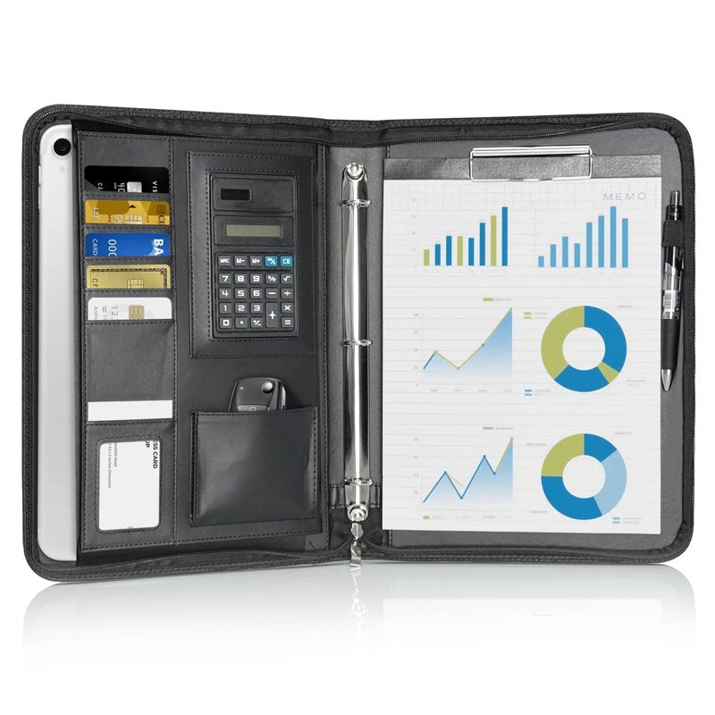 Leather Portfolio with Zipper, 3-Ring Business Organizer and Tablet Sleeve