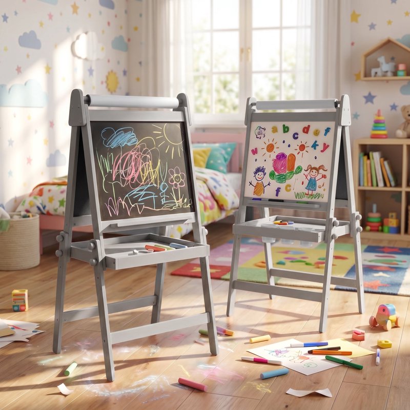 Kids Art Easel with Magnetic Whiteboard & Chalkboard, Adjustable & Foldable
