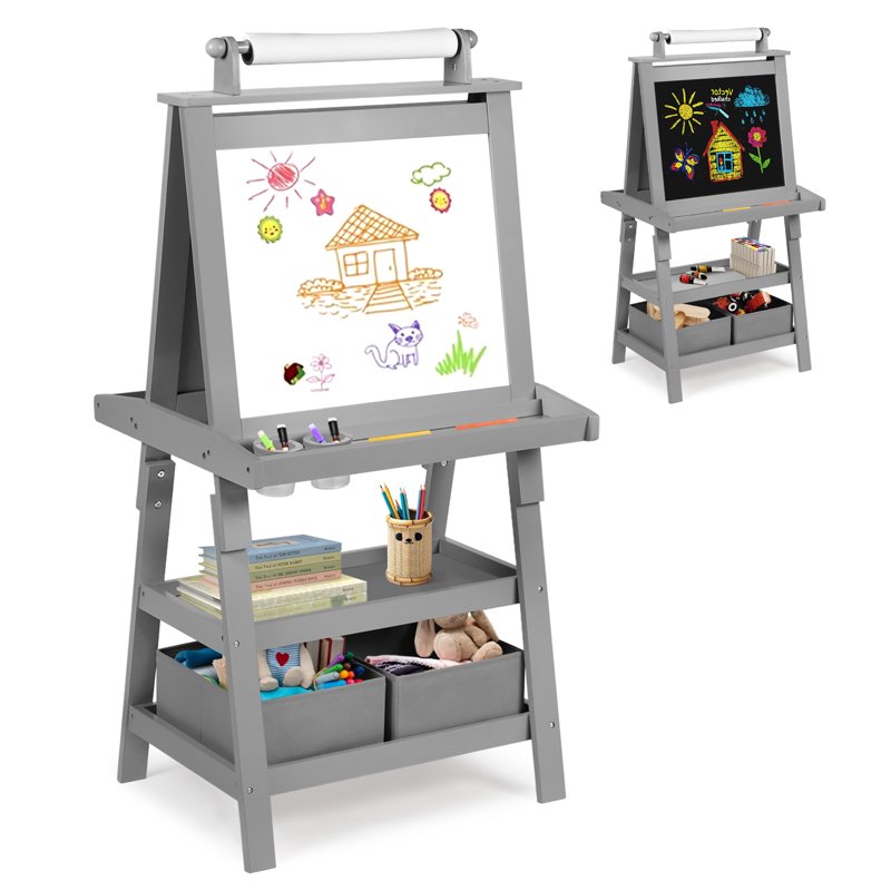 Kids Art Easel with Whiteboard & Chalkboard, Double-Sided Magnetic Surface, Paper Rollers, Gray