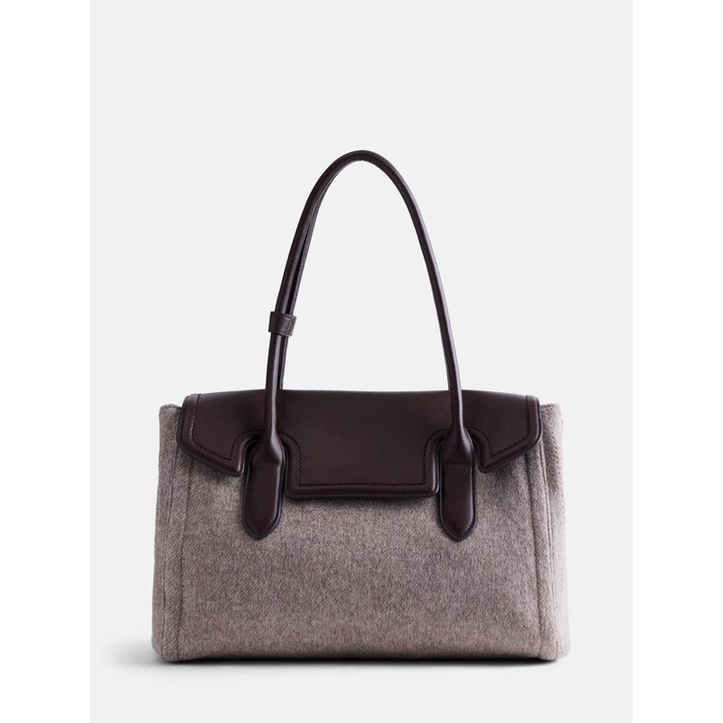 Women's Tan Gray Leather Satchel Bag with Laptop Sleeve and Organizer