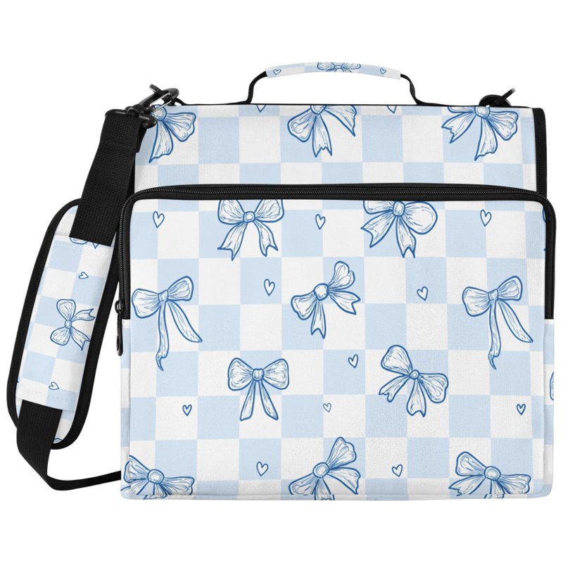 2 Inch 3-Ring Zipper Binder Folder Bag with Laptop Compartment - Blue Bow Checkered