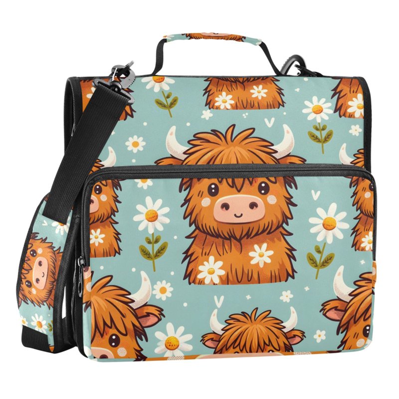 Zipper Binder with Cow & Daisy Design, 3-Ring File Organizer Bag