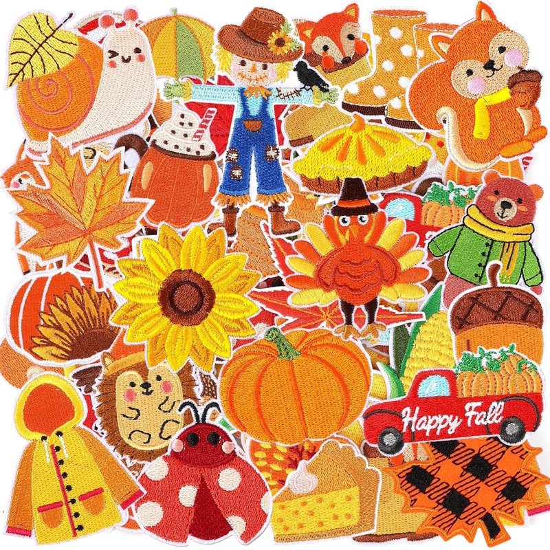 60 Pcs Fall Autumn Embroidered Iron-On Patches Assorted Thanksgiving Decorations