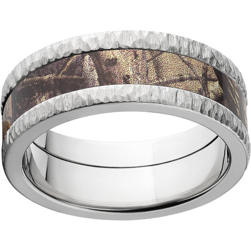 Men's Camo Stainless Steel Wedding Band with Tree Bark Edges 8mm - Comfort Fit