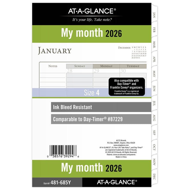 2026 Monthly Planner Refill - Loose-Leaf Desk Size, Julian Dates