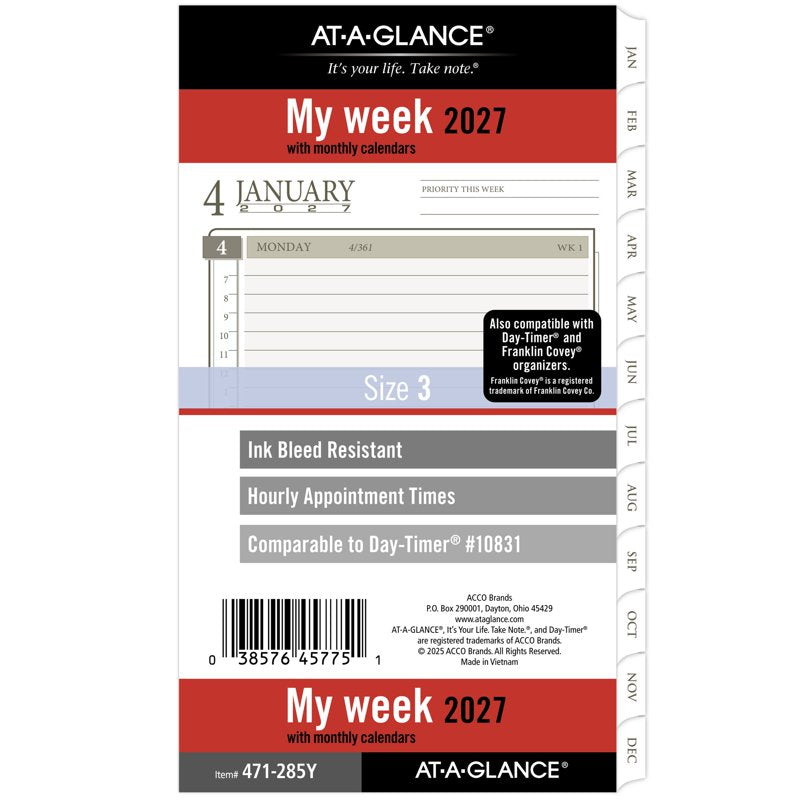 Weekly Monthly Planner Refill Loose-Leaf 2027 Portable Size 3.34 x 6.34 Inches
