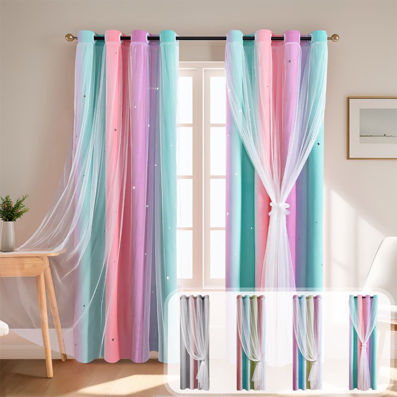 Double-Layer Blackout Rainbow Ombre Glitter Star Window Curtains 39×51 Inch