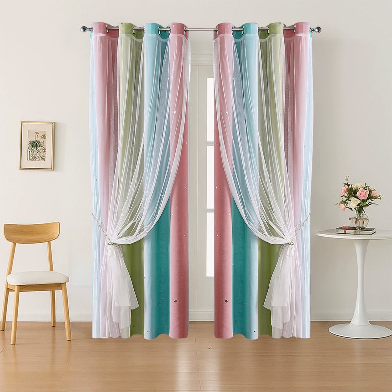 Double-Layer Blackout Rainbow Ombre Glitter Star Window Curtains - 39x51 Inch