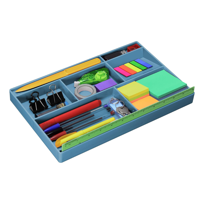 Multi-Purpose Desk Drawer Organizer Tray with 8 Compartments - Blue Plastic