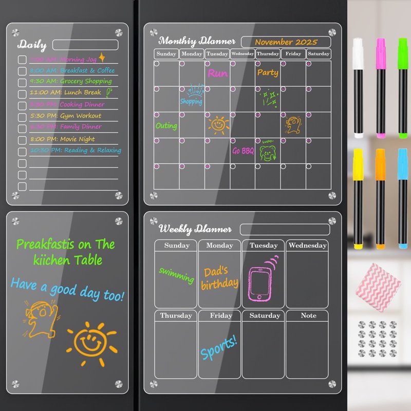 Magnetic Acrylic Calendar Set for Fridge - Dry Erase Weekly & Monthly Planner with Markers
