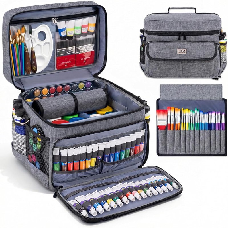 Adjustable Art Supply Storage Bag with Brush Slots - Portable Organizer for Paint Bottles & Craft Accessories