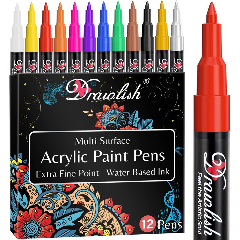 Acrylic Paint Pens Set of 12 - Fine Tip Markers for Rock, Ceramic, Fabric & DIY Art