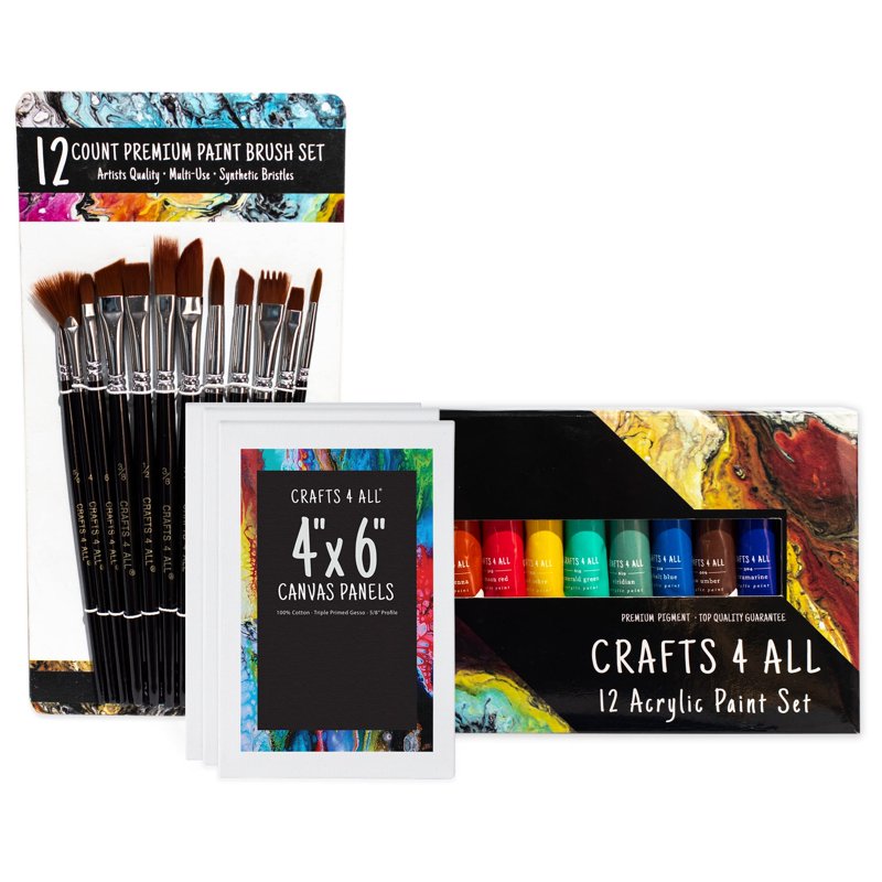 Acrylic Paint Set for Artists Kids & Adults - 12 Colors with 12 Brushes & Canvases
