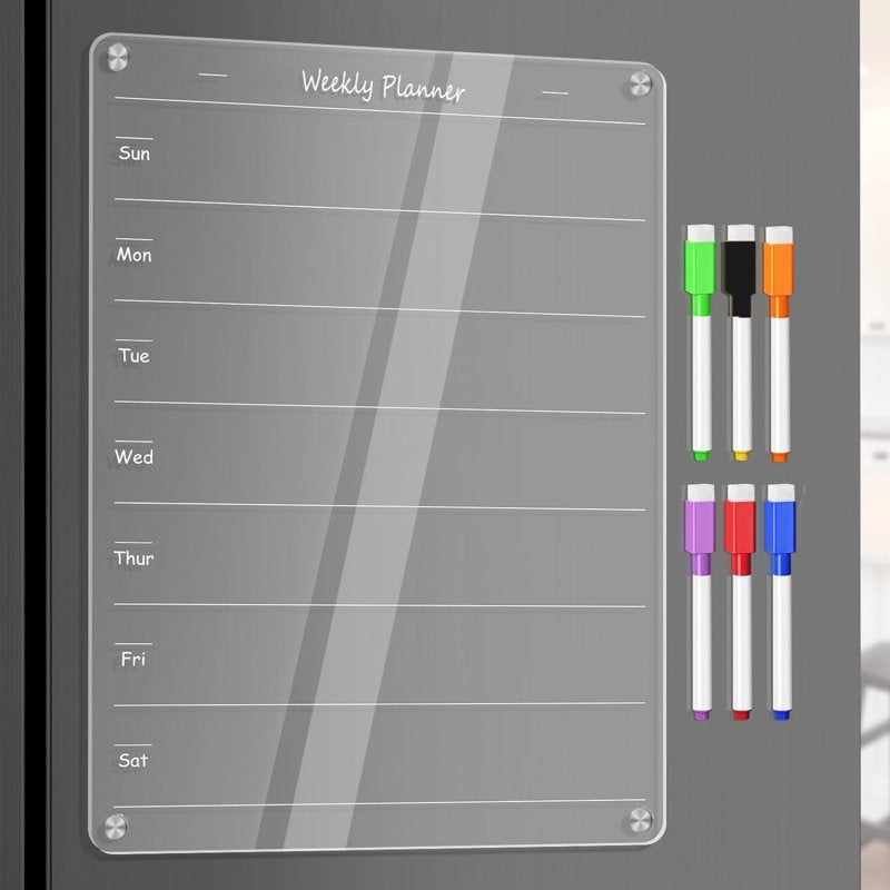 Magnetic Weekly Meal Planner Board for Fridge with Markers - Clear Acrylic Kitchen Organizer