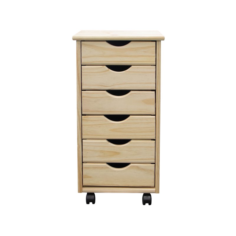 Solid Wood Mobile Storage Cart with 6 Drawers - Unfinished Pine, Versatile Organizer