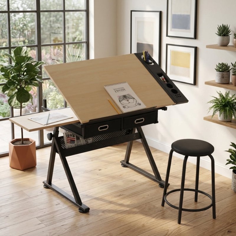 Adjustable Drafting Table Desk with Storage Drawers & Stool - Art & Studio Workstation