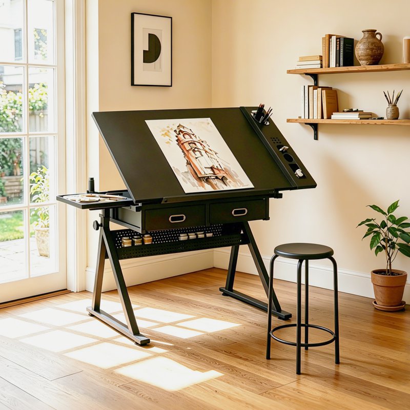 Adjustable Drawing & Drafting Table with Stool, Tiltable Desktop, Storage Drawers, Home Office Art Desk