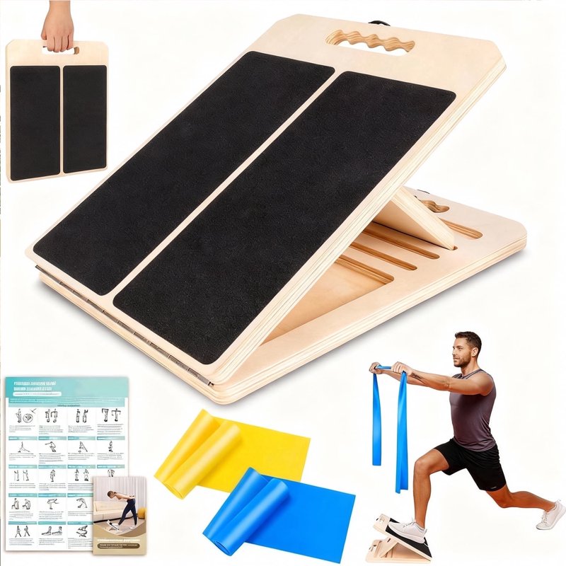 Adjustable Wooden Calf Stretching Board with Resistance Bands - Physical Therapy & Injury Prevention