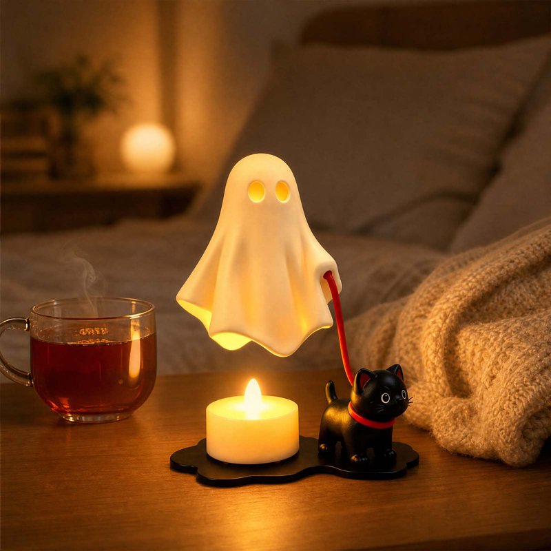 Halloween Ghost Walking Cat Figurine Lamp with Candle Warmer - Gothic Resin Night Light