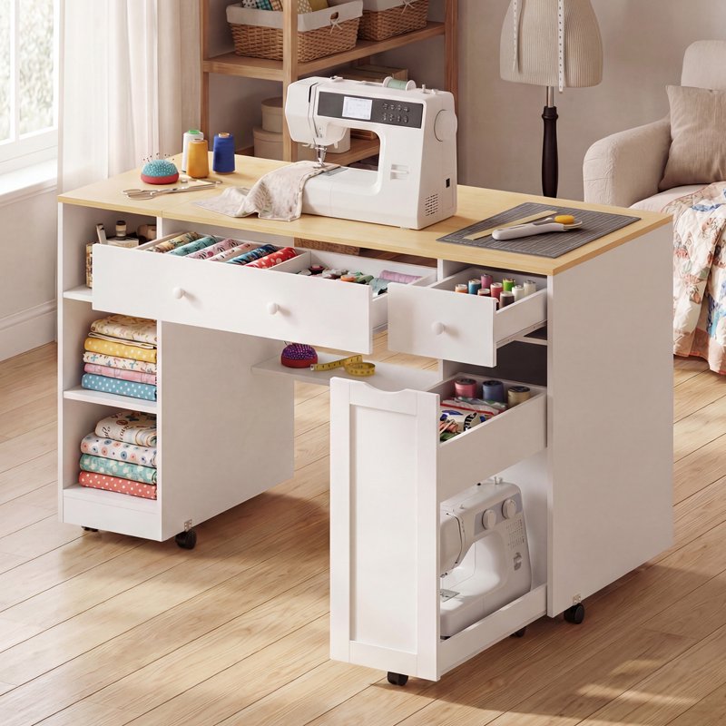 Rolling Sewing Craft Table with Storage Drawer & Lockable Wheels