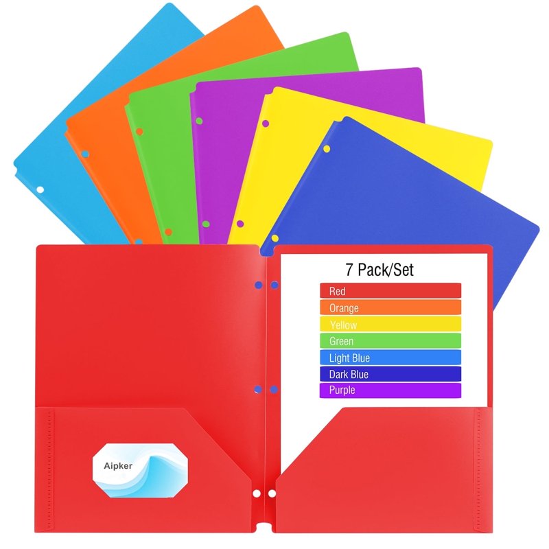 7-Color Plastic Folder Set with 2 Pockets & Card Slot for School & Office