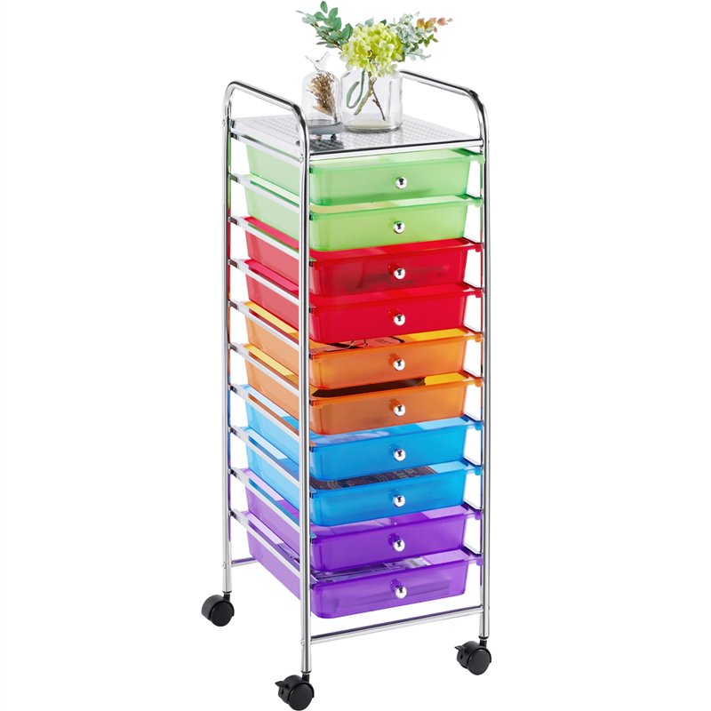Multi-Color 10-Drawer Plastic & Metal Storage Cart with Lockable Wheels