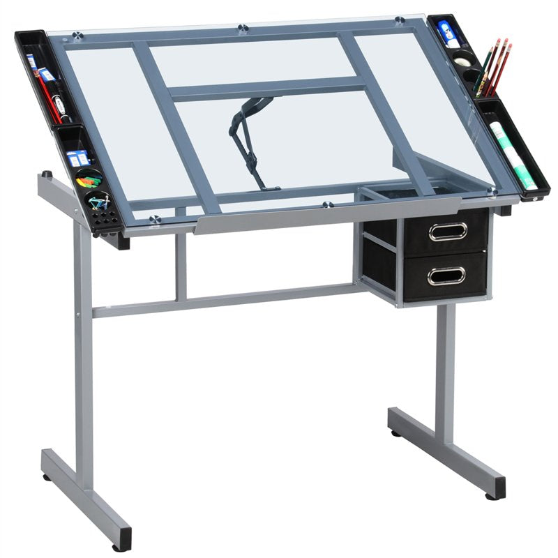 Adjustable Drafting Table with Drawers and Glass Top - Black