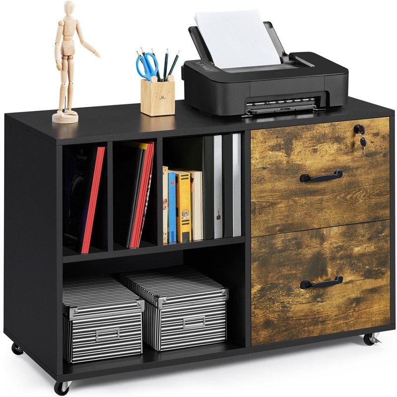 Rolling File Cabinet with 2 Drawers and Open Shelving - Rustic Brown Office Storage