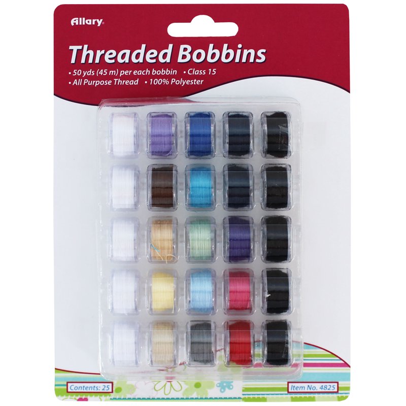 Allary Threaded Sewing Machine Bobbins Set - Assorted Polyester Thread, 50 Yards, 25 Pieces