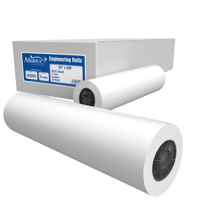 Wide Format Bond Paper Rolls 30x500ft for Engineering & Laser Printing