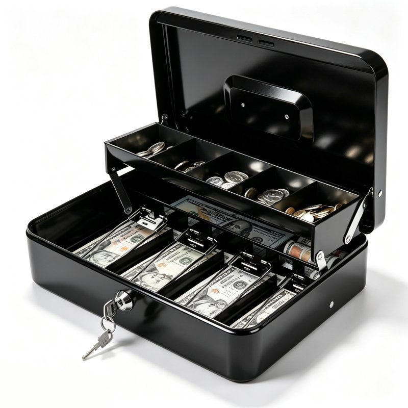 Large Metal Cash Box with Lock and Coin Tray, Portable Organizer
