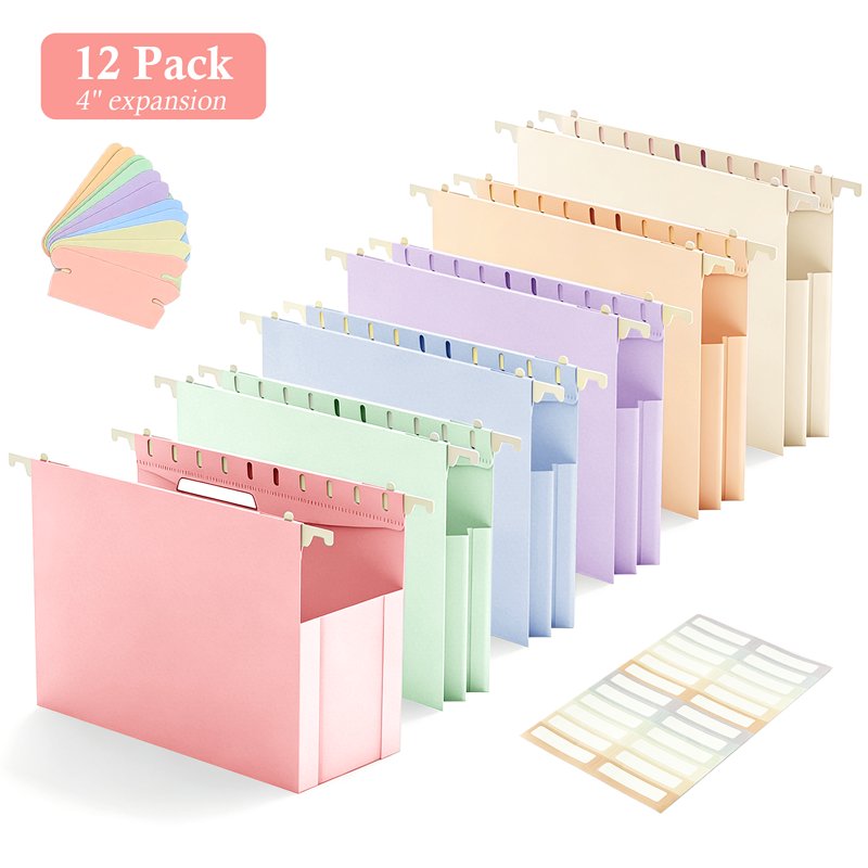 12 Pack Expanding Hanging File Folders - Letter Size Plastic Office Organizer