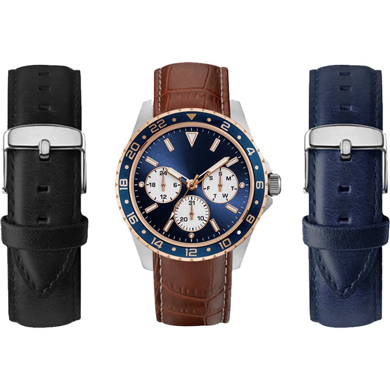 Men's Analog Leather Strap Watch 43mm Gift Set with Interchangeable Straps