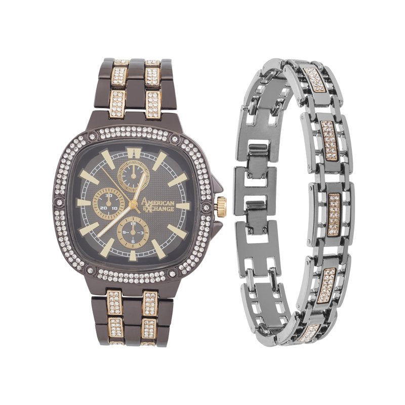 Men's Black Watch & Bracelet Set - Chronograph, 46mm, Two Tone