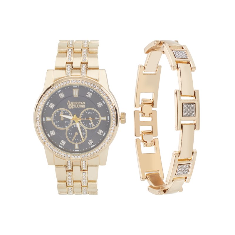 Men's Gold Metal Bracelet Watch & Jewelry Set - Chronograph & Link Strap