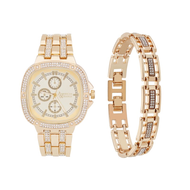 Men's Gold Tone Metal Watch & Bracelet Set - Chronograph, Classic Style
