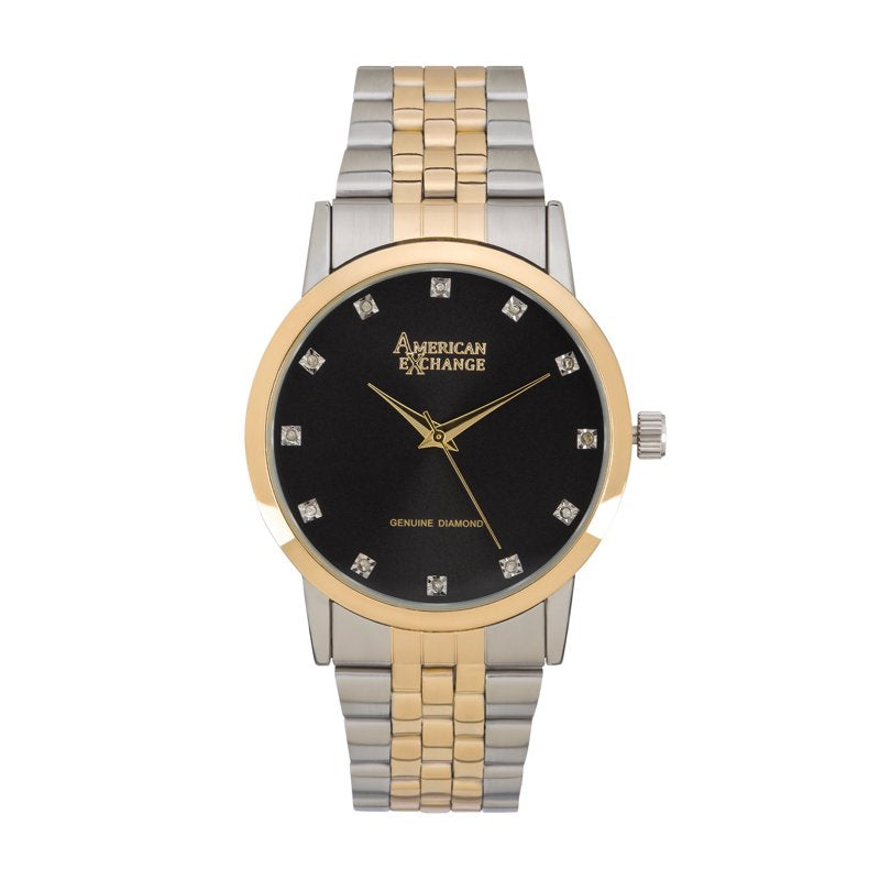 Men's Quartz Watch with Genuine Diamonds, Black Dial Two-Tone Metal Band