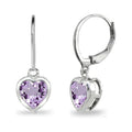 Sterling Silver Heart Bezel-Set Dangle Earrings with 6mm Amethyst Gemstone - Dainty Birthstone Jewelry for Women & Teens