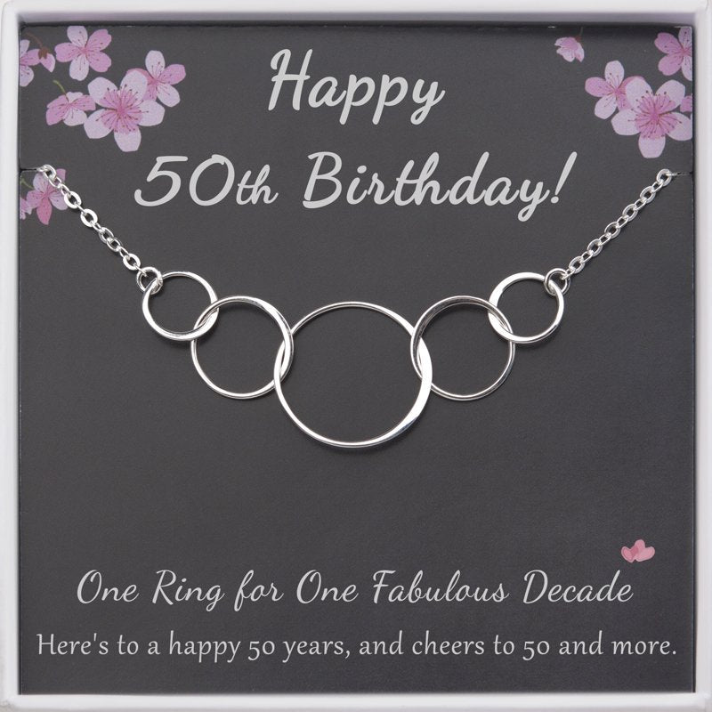 Sterling Silver 50th Birthday Necklace with 5 Circles for Women - No Custom