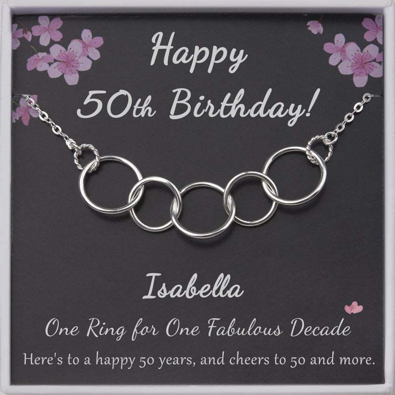 Sterling Silver 50th Birthday Necklace for Women - Custom Name & 5 Circles Design