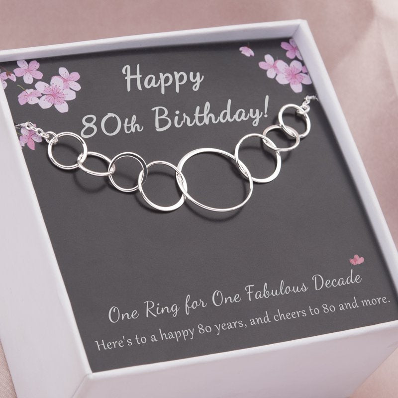 Sterling Silver 80th Birthday Necklace with 8 Flat Circles - Custom Name Gift for Grandma